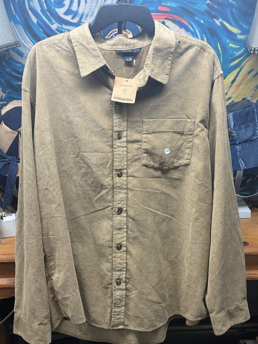 Eddie Bauer Mens 2XL Corduroy Long Sleeve Button Down Shirt Tan Storm Cotton